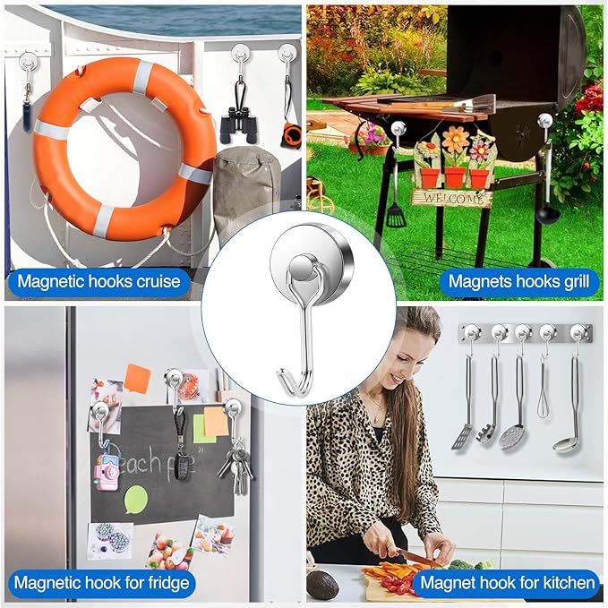 LOVIMAG Hooks, 80lbs+ Magnetic Magnet Hook 2025 Cruise Cabin Ship Essentials Heavy Duty Strong Refrigerator Fridge Hanging for Classroom Beach Vacation Kitchen Grills Home Mug Hanger (3 Pack), Silver