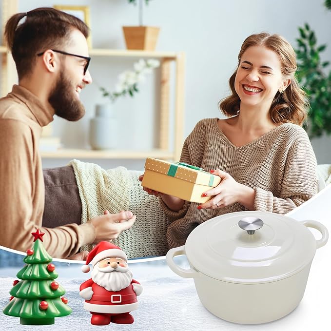 LIFERUN 6 Qt Enameled Cast Iron Dutch Oven Pot with Lid，Oven Safe up to 500° F, Heavy-Duty Non-Stick Dutch Oven with Dual Handles for Bread Baking, Fry Foods, Braising, Stews, Roasting (White)