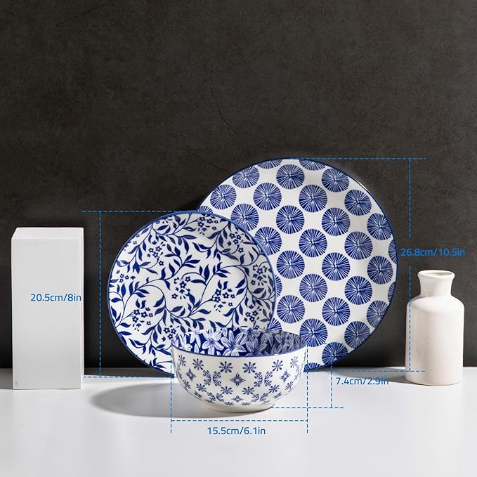 Sweejar Plates and Bowls Set for 4, 12 Pieces Handmade Ceramic Dinnerware Sets, Highly Scratch Resistant Dishes Set for Kitchen, Porcelain Dishwasher & Microwave Safe Dishes Set (Vintage Blue)