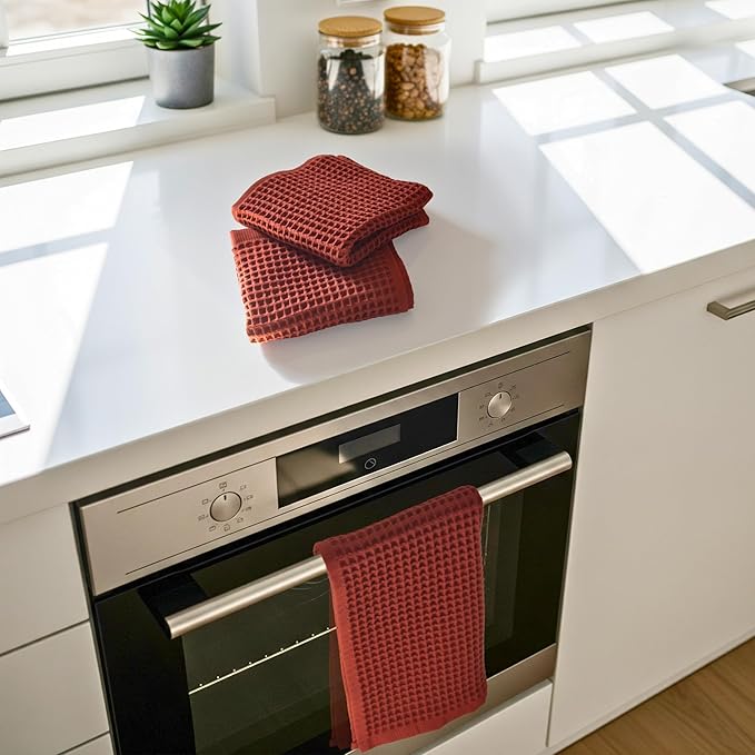 PÜSKÜL Organic Waffle Kitchen Towel 100% Turkish Cotton Set of 3 Red Brick - Premium Quality, Soft, Quick-Dry, Absorbent, Lint-Free Hand Towels 32X16 Inches (3, Brick)