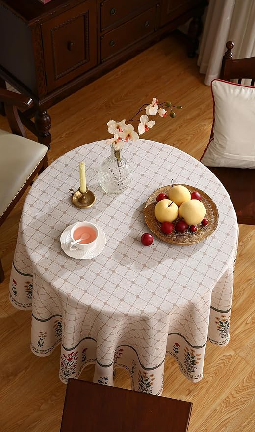 Floral Tablecloth for Round Tables,Linen Table Cloth with Colorful Flowers Pattern,Heavy Durable Table Cover for Dining Thanksgiving Kitchen Decor Party Christmas,Diameter 67"