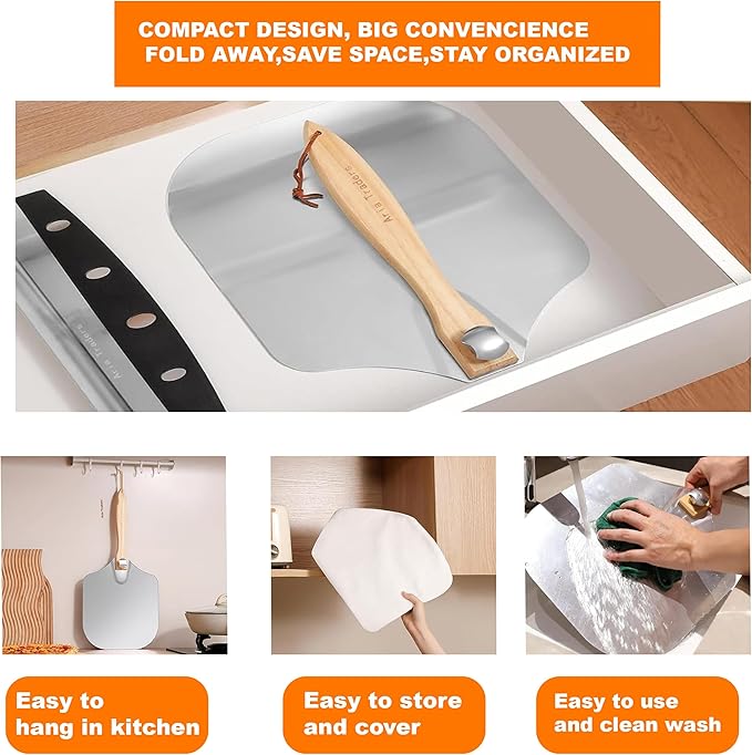 Aluminum Metal Pizza Peel (12" X 14"), Pizza Spatula with 14’’ Rocker Cutter, Pizza Paddle with Foldable Wooden Handle for Easy Storage, Pizza Spatula Paddle for Indoor & Outdoor Ovens