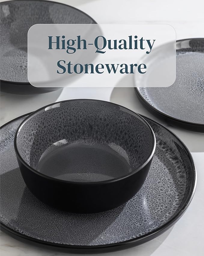 Stoneware Pasta Bowls Set of 8, Stylish dark gray Plates Ceramic, 7.7" Salad Bowl Set, Dishwasher and Microwave Safe Ceramic Bowl Plates, Salad Bowls, Large Soup Bowls…