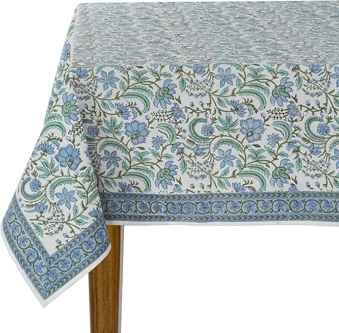 Ridhi Columbia Blue Hand Block Print Cotton Rectangle Tablecloth 118 x 70 inches Reusable Table Cover Decorative Everyday Use for Dining Room, Farmhouse, Home, Party, Festive & Wedding, Fall