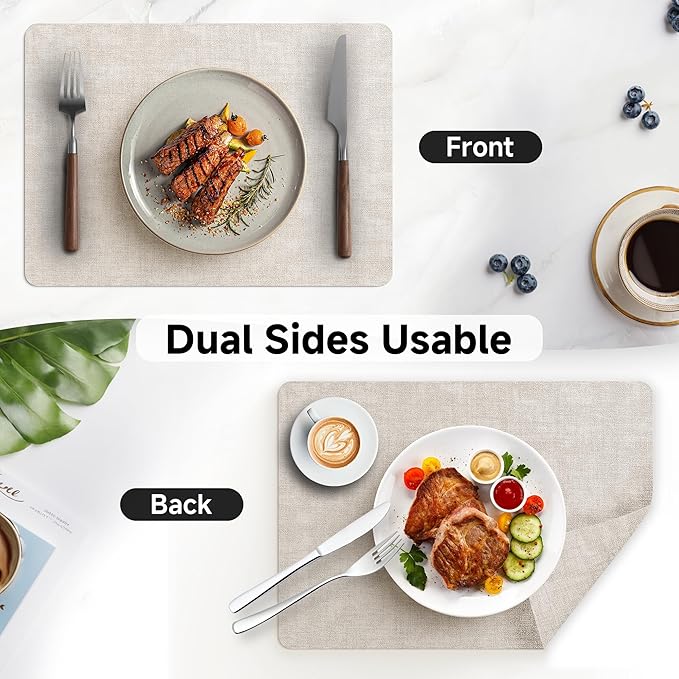 Faux Leather Vinyl Placemats Set of 4 Wipeable Heat Resistant Place Mats 100% Washable - Waterproof - Anti Slip Reversible Table Mats for Kitchen/Dining/Party, 12" x 16.5", Beige