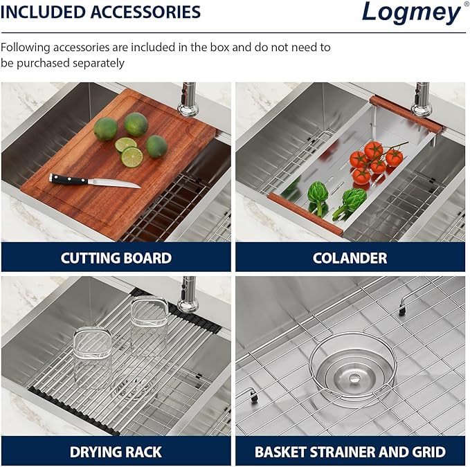 Logmey 33x22 Drop In Kitchen Sink Double Bowl 60/40 Sinks - 33 inch Workstation Sink Low Divide 60/40 Double Stainless Steel Ledge Sink Topmount 9" Deep Kitchen Sink
