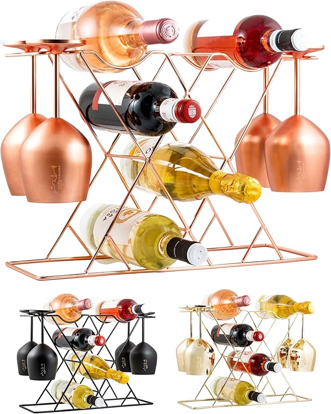 Gusto Nostro Countertop Wine Rack with Glass Holder for 8 Bottles & 4 Glasses, Small Modern Tabletop Wine Rack - No Assembly Wine Holder Stand for Home Kitchen Cabinet Wine Cellar Storage (Rose Gold)