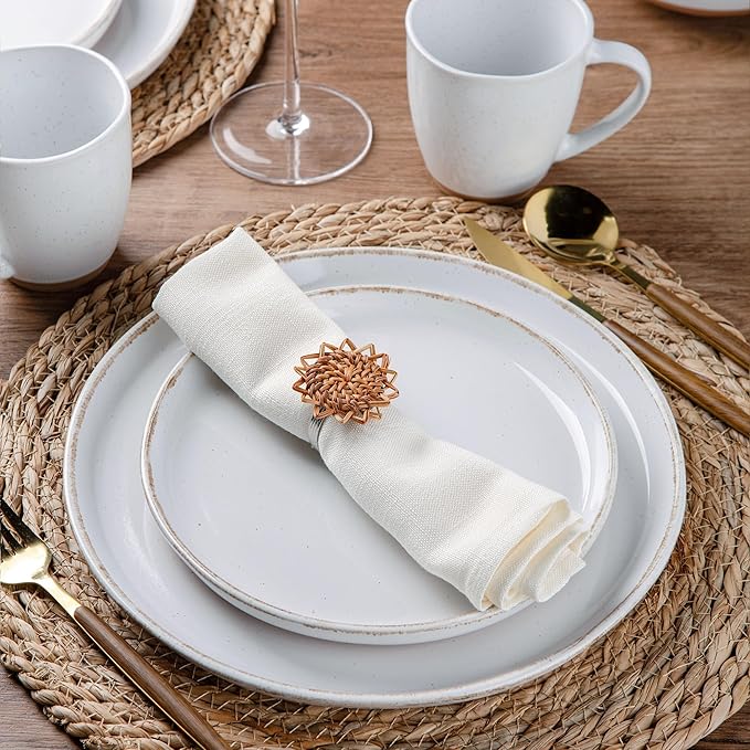 AmorArc Ceramic Dinnerware Sets for 4, 12 Pieces Handpainted Plates and Bowls Set with Rustic Terracotta Underside, Scratch Resistant Stoneware Dishes Set, Dishwasher & Microwave Safe, White