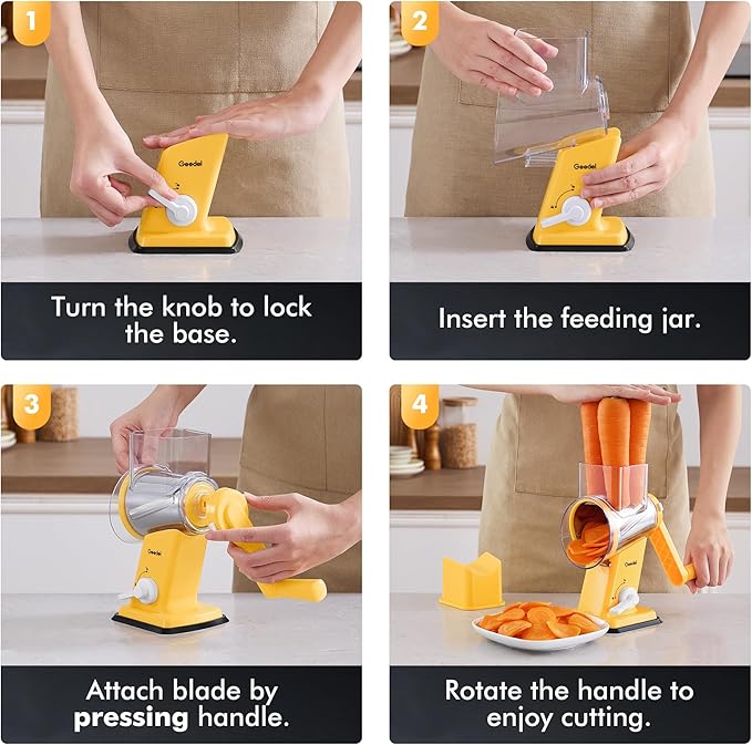 Geedel Rotary Cheese Grater - Upgraded Vegetable Shredder with 4 Interchangeable Blades, Easy to Clean Cheese Shredder with Handle, Kitchen Grater Nuts Grinder for Cutting Cheese, Vegetable, Nuts