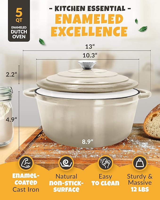 Dutch Oven for Bread Baking - incl. Sourdough Bread-Baking Supplies like Banneton Bread-Proofing Basket - 5QT Enameled Cast Iron Bread-Oven with Lid, Baking Pan, Scoring Tool Lame