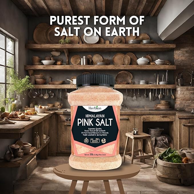HERBION Naturals Himalayan Pink Salt Jar Fine Grain, GMO Free, Supreme Quality Chemical Free, Vegan, Kosher Certified, Fine Grain All Natural Salt, Triple Washed in Spring Water, 5 lbs