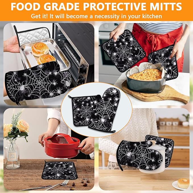 Spider Web Oven Mitts and Pot Holders Sets 4Pcs,Extra Long Oven Gloves Potholder for Kitchen Cooking Baking BBQ 100% Cotton Heat Resistant