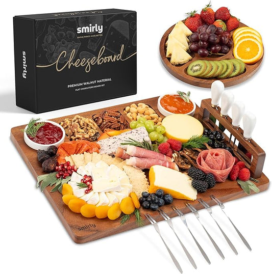 SMIRLY Charcuterie Boards Set, Large Cheese Board Set, Natural Walnut Wood Charcuterie Tray with Accessories - Housewarming Gifts New Home, Wedding & Bridal Shower Gifts for Women, Couples