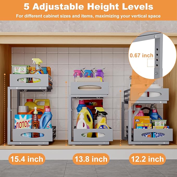 Under Sink Organizer, 2 Tier Under Sink Organizers and Storage, Adjustable Height, Slide Out Metal Cabinet Organizers, Pull Out Cabinet Storage Drawer Shelf for Kitchen Bathroom Gray, 1 Pack
