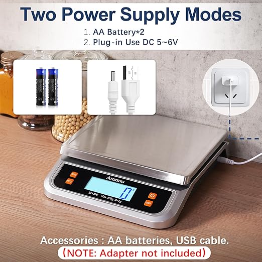 Atogou 66lb Food Scale, Commercial Kitchen Scale Plug-in Usable with Full View LCD Display, Stainless Steel, for Baking, Bread, Cooking, Meat, Vegetables, Farm, Industry LC200 Grey