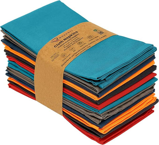 Ruvanti Cloth Napkins Set of 12, 18x18 Inches Napkins Cloth Washable, Soft, Durable, Absorbent, Cotton Blend. Table Dinner Napkins Cloth for Hotel, Christmas, Dinner, Parties - Multi Color