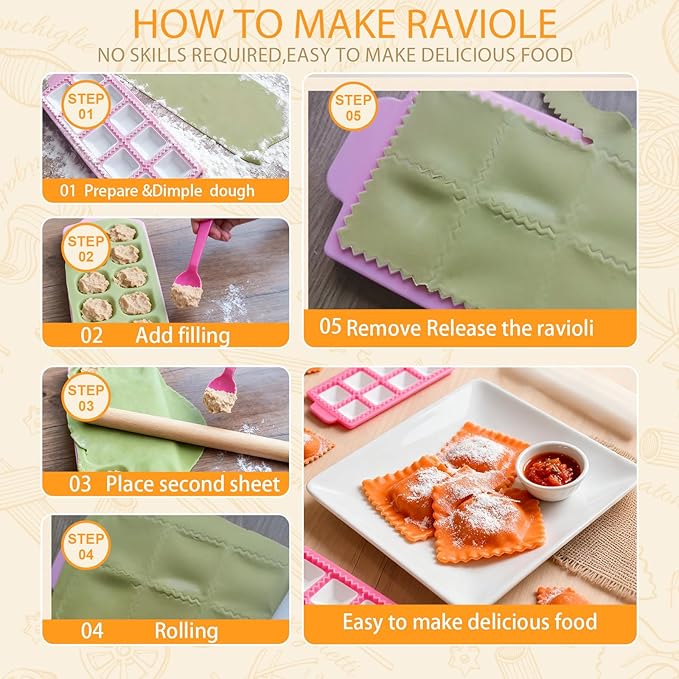 Pasta Making Tools, 10 PCS Pasta Making Kit with 1 Ravioli Maker,3 Rolling Pins,1 Gnocchi Board,1 Ravioli Cutter, 2 Pasta Stamps,1 Dough Cutter, 1 Baking Mat, for Pasta Maker And Kitchen DIY Gift
