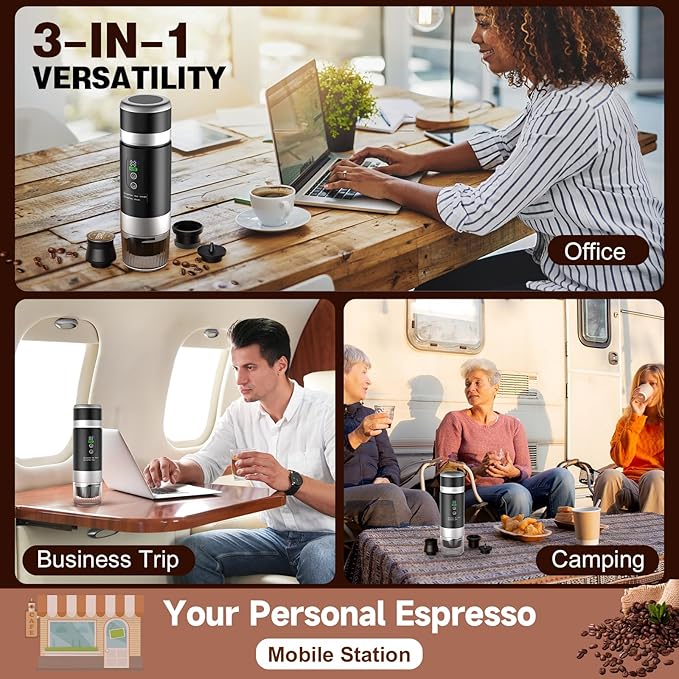 Portable Espresso Machine with Removeable Battery, 20 bar Mini Travel Coffee maker, Expresso Coffee Maker with USB-C,3-in-1 Car Coffee Maker Self-Heating, Ground Coffee & Capsule(Ns&DG)