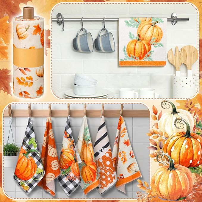 36 Pcs Fall Reusable Paper Towels Rolls Washable Bulk Autumn Pumpkin Black White Plaid Kitchen Towels Paperless Reusable Cloth Cotton Napkins with Cardboard for Kitchen Bathroom