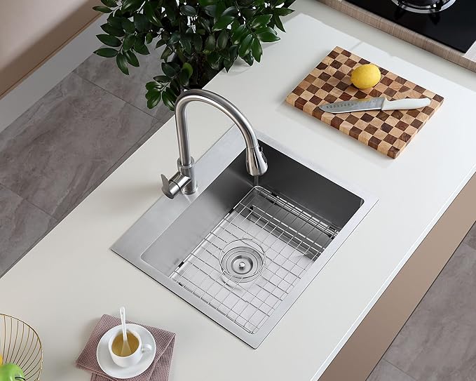 23 x 18 inch Single Faucet Hole Kitchen Sink Drop in, 18 Gauge Stainless Steel Handmade Single Bowl Topmount Kitchen Sink with Grid, Brushed
