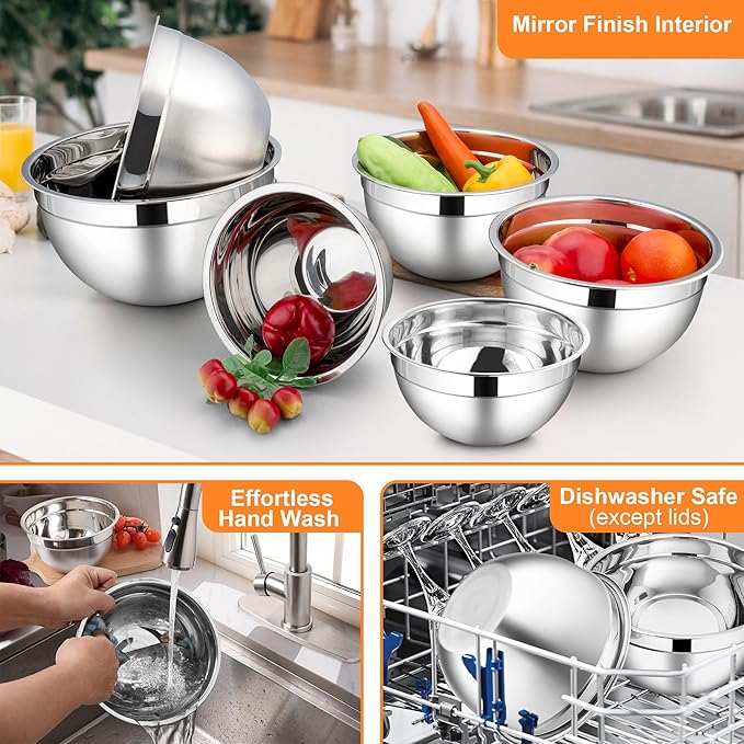 LIANYU Metal Mixing Bowls with Visible Lid Sets of 6, Large Size 7, 3.5, 2.5, 2, 1.5, 1QT, Stainless Steel Nesting Serving Bowl for Kitchen, Baking, Storage, Food Prepping, Cooking, Multi-Color