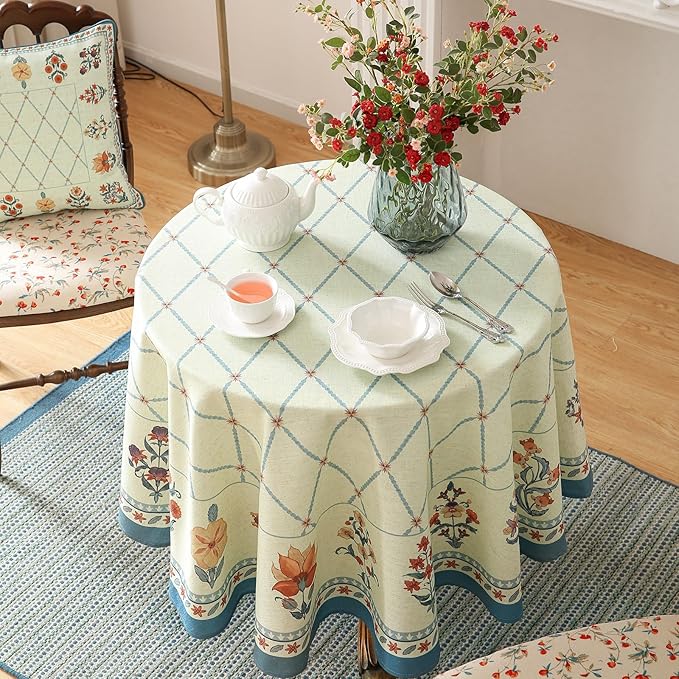 French Tablecloth for Round Tables,Linen Table Cloth with Colorful Flowers and Leaves Pattern,Heavy Durable Soft Table Cover for Dining Kitchen Decor Party Christmas,Diameter 55"