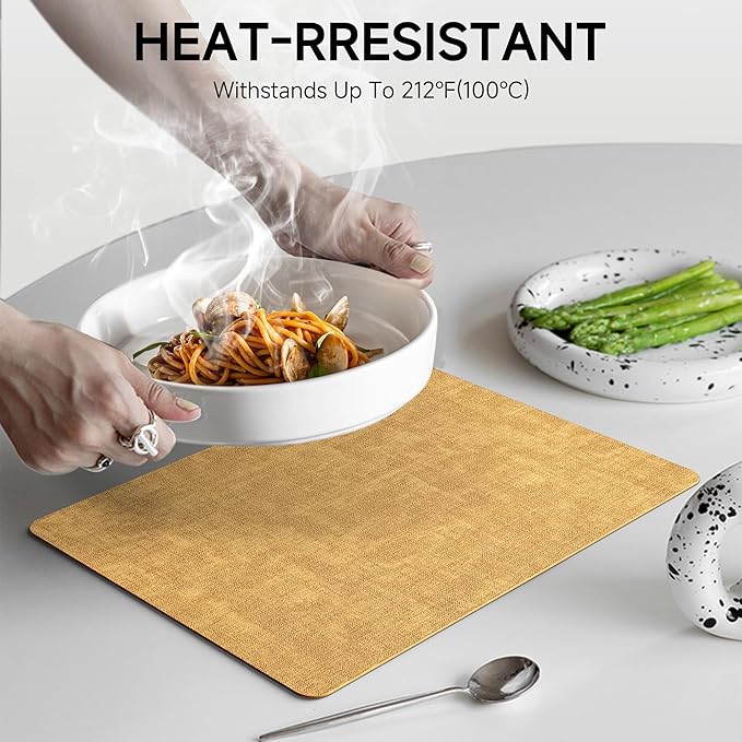 Faux Leather Vinyl Placemats Set of 6 Wipeable Heat Resistant Place Mats 100% Washable - Waterproof - Anti Slip Reversible Table Mats for Kitchen/Dining/Party/Outdoor, 12" x 16.5", Yellow