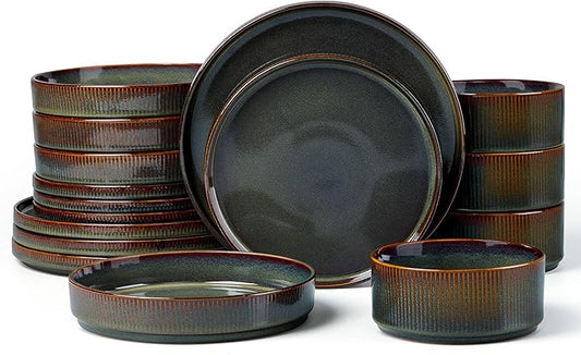 LIANYU Dinnerware Sets with Pasta Bowls, 16 Piece Plates and Bowls Set for 4, Ribbed Stoneware Dishes Set for Kitchen Dining, Microwave and Dishwasher Safe, Jungle Green