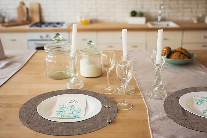 homing Round Faux Leather Placemat and Coaster 8 Packs, Washable Heat Resistant Dining Place Mats, Wipeable Double-Sided Table Mats for Indoor and Outdoor, Diameter 13 and 3.93 inch, Brown