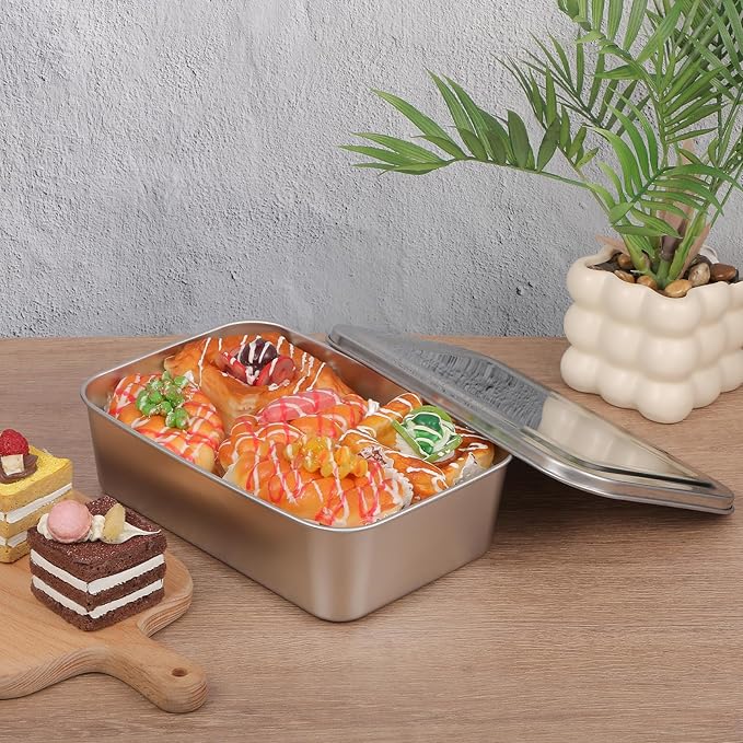 3 Set Stainless Steel Cake Pan with Lid, 13/11/9 Inch Rectangle Cake Pans Sets with Covers Baking Bakeware for Bread Fish Meat Vegetables, Non-Stick, Mirror Finish, Dishwasher Safe