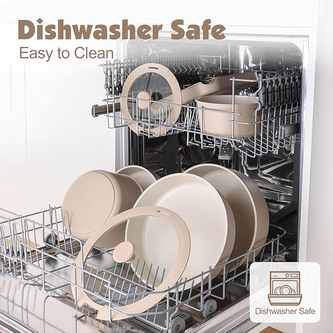 SENSARTE 17 Piece Ceramic Pots and Pans Set, Nonstick Detachable Handle Cookware, Induction Kitchen Cookware Set with Removable Handle, Dishwasher ＆ Oven Safe (Almond Beige)