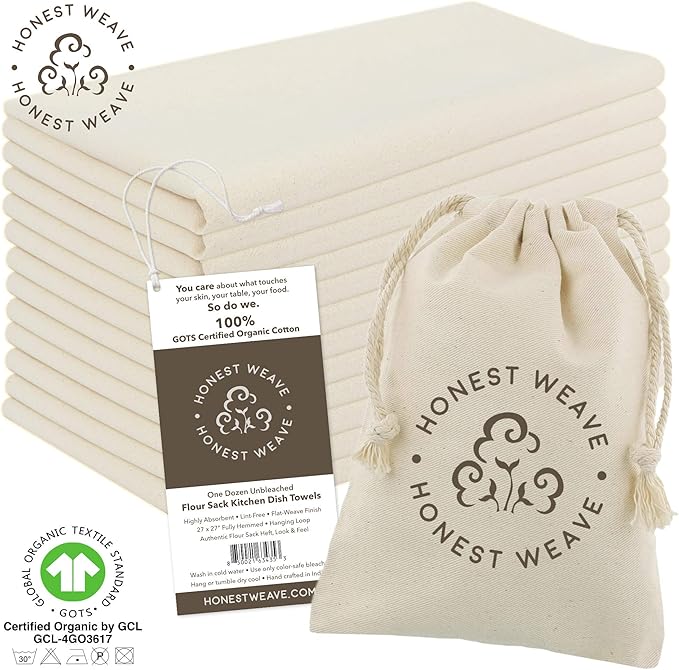 GOTS Certified 100% Organic Flour Sack Cotton Kitchen Hand and Dish Towel Sets - Extra Large 27x27 inches, Fully Hemmed, 12-Pack, Natural Tan