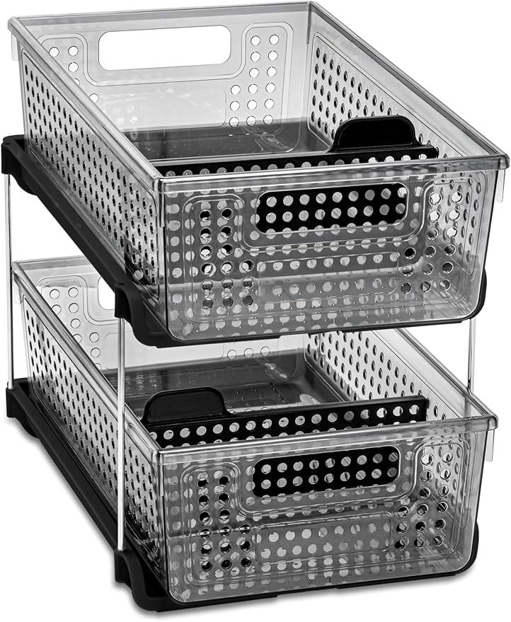 madesmart 2-Tier Organizer, Multi-Purpose Slide-Out Storage with Handles and Dividers for Home and Bath, BPA Free, Smoke