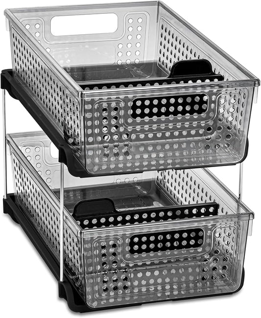 madesmart 2-Tier Organizer, Multi-Purpose Slide-Out Storage with Handles and Dividers for Home and Bath, BPA Free, Smoke
