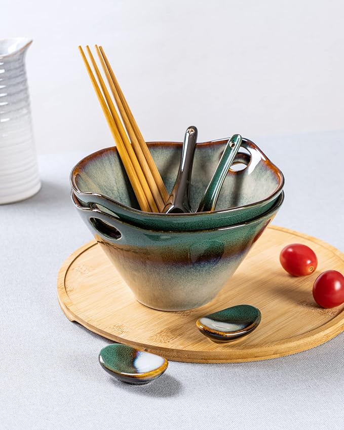 HENXFEN LEAD Japanese Ramen Noodle Bowl Set of 2-30 Oz Large Porcelain Salad Bowls with Chopsticks, Soup Spoons and Rests, Kitchen Serving Dishes for Pho, Udon - Reactive Green