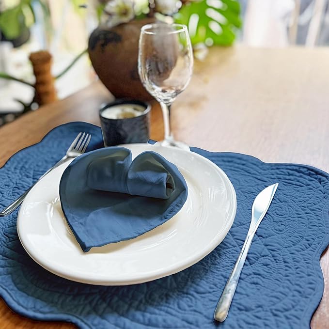 Quilted Placemats Set of 4 with Matching Cotton Napkins – 4 Piece Table Mats & 4 Cloth Napkins – 100% Cotton Table Linen Set for Everyday & Holiday Dining (4, Denim Blue)