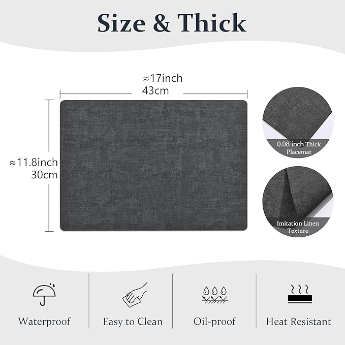 FROMHEART Faux Leather Placemats Set of 4–Waterproof,Heat/Oil Stain-Resistant PU Table Mat–Reversible,Non-Slip,Easy to Clean Place Mats for Kitchen,Dining,Indoor/Outdoor,(Dark Grey,11.8" x 17")