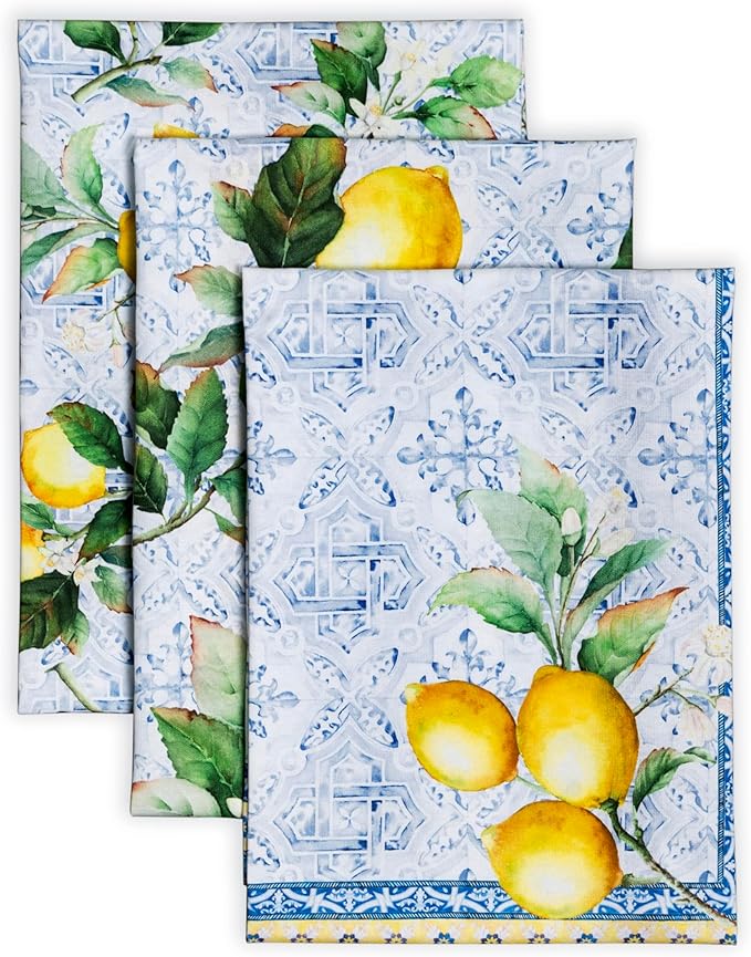Maison d' Hermine Kitchen Towels Set of 3 100% Cotton 27.50" x 20" Reusable Cloth Tea Dish Towels Absorbent with Hanging Loop for Kitchen, Home, Dining, Cocktail Parties Spring/Summer (Citrus)