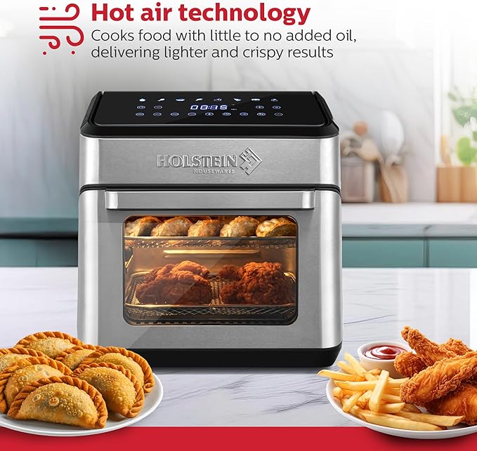 Holstein Housewares 12.7 QT Digital Air Fryer 8-in-1 with Hot Air Technology, Family Size, Viewing Window & Led Display. Air Fry, Bake, Grill, Dehydrate & Roast, Less Oil Use for Healthier Meals