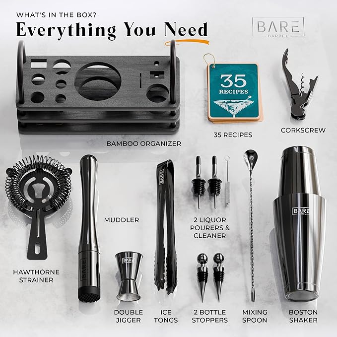 BARE BARREL® Mixology Bartender Kit Bar Set | 14-Piece Cocktail Shaker Set | Martini Barware Mixing Tools for Home Bartending | 35 Recipe Cards | Gift Set (28oz Boston Shaker, Jet Black/Black)