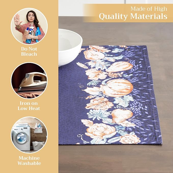 Maison d' Hermine Placemats Set of 4 100% Cotton Washable Cloth Place Mats, Reusable Table Mats for Thanksgiving Christmas Decorations Kitchen Dining Party Wedding (Pumpkin Blues, 13" x 19")