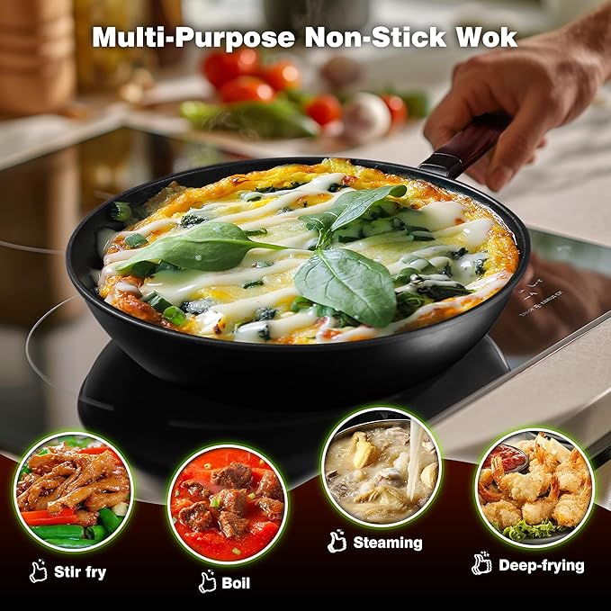 Carbon Steel Wok -13 Inch Woks & Stir-fry Pans Nonstick, Wok Pan with Glass Lid Spatula and Dish Brush: Pre-Seasoned Flat Bottom Chinese Wok for Induction, Electric, Gas, All Stoves