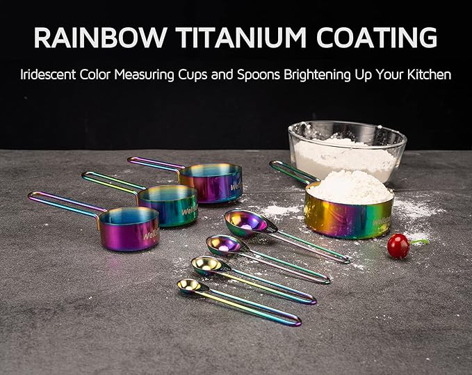 WELLSTAR Measuring Cups and Spoons Set of 8, Food Grade 18/8 Stainless Steel Measure set for Dry Liquid Measurement, Rainbow Titanium Coated Kitchen Gadgets for Cooking Baking, 4 Cup and 4 Spoon