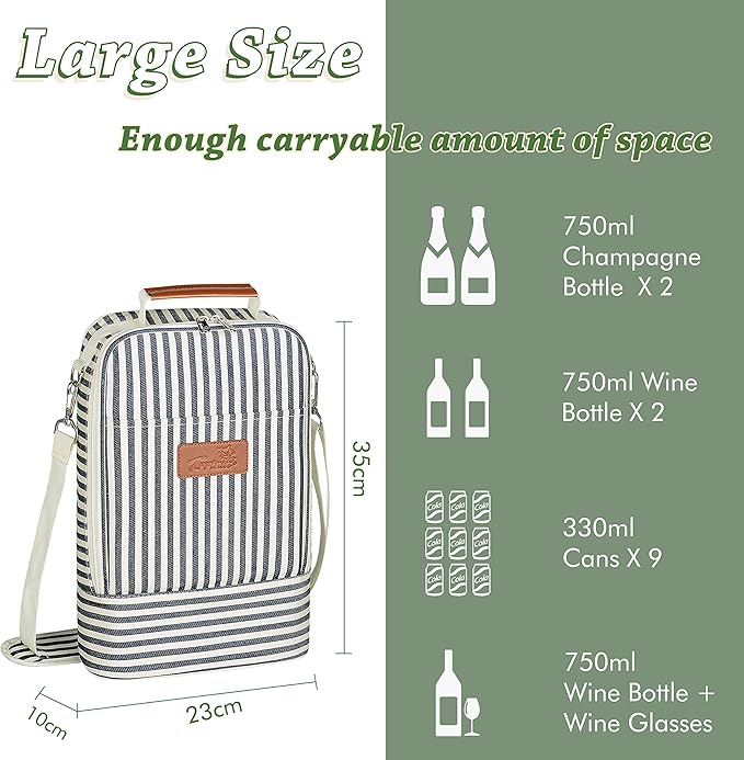 Tirrinia Insulated 2 Bottle Wine Gift Tote Bag - Wine Tumbler Glass Cooler Carrier for BYOB Restaurants, Wine Tasting, Travel, Park, Beach, Great Wine Lover Gift, Blue Stripe