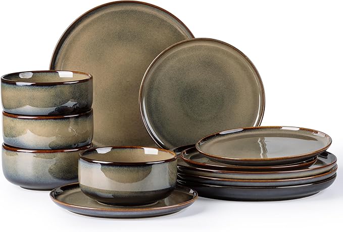 TheTerra Ceramic Dinnerware Sets for 4, 12 Pieces Handmade Reactive Glaze Plates and Bowls Set, Scratch Resistant Dish Set, Oven & Microwave & Dishwasher Safe
