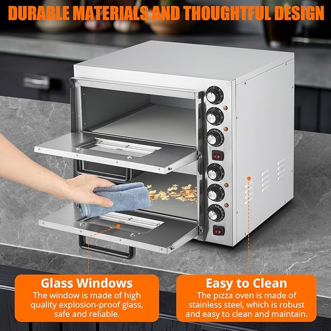 3600W Countertop Electric Pizza Oven,Stainless Steel Pizza Oven Maker with Timer & Removable Tray for Home, Kitchen & Restaurant, Silver