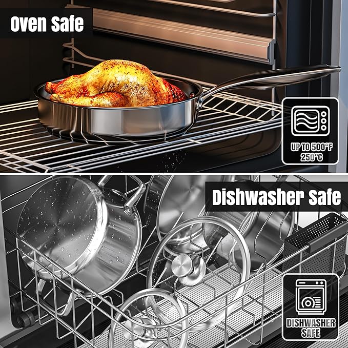 Stainless Steel Cookware Set, 16-Piece Pots and Pans Set Non Toxic, Kitchen Induction Cookware with Glass Lids, Steamer, Utensil Sets, Pot Protectors & Apron, Oven & Dishwasher Safe, Silver