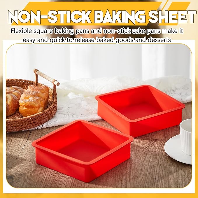 Geetery Set of 4 Silicone Square Cake Pan Silicone Brownie Pan Nonstick Baking Mold for Muffin Bread Rice Crispy Lasagna Pie, Red(6 x 6 x 2 Inches)