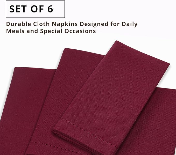 PurpleEssences Set of 6 Hemstitch Cloth Dinner Napkins 100% Cotton - Soft Durable Washable - Ideal for Wedding Christmas Holiday Winter - Perfect Everyday Use Table Linen 18x18 - Burgundy