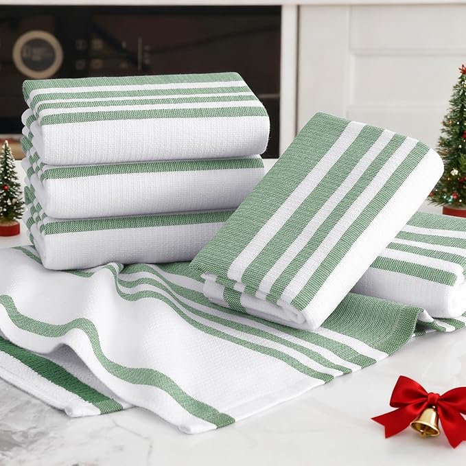 Homaxy Premium Kitchen Towels 18”x 28”, Large Cotton 380 GSM Kitchen Hand Towels, Stripe and Terry Dish Towel, Highly Absorbent Tea Towel Set with Hanging Loop, 6 Pack, Grass Green